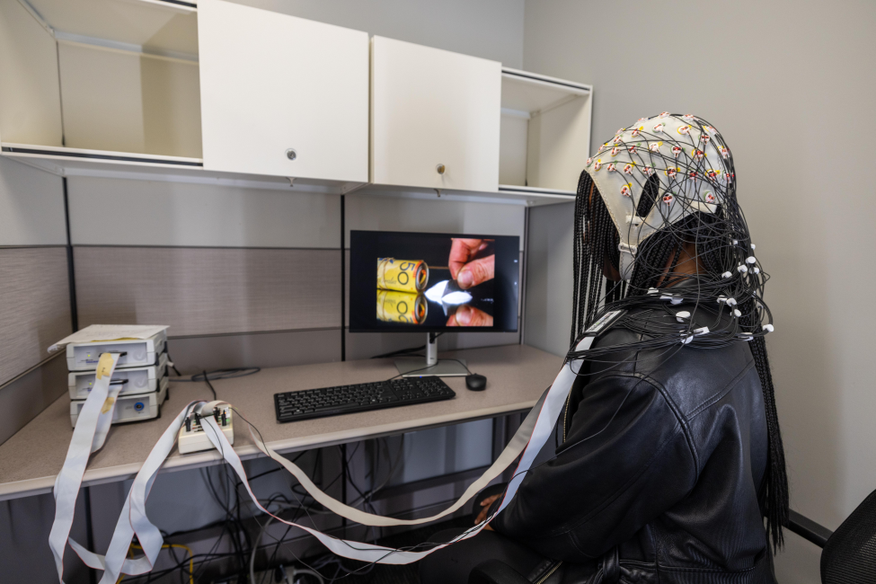 Participants will undergo a test called an electroencephalogram (EEG), which will assess brain responses to cocaine-related images, or cues. (Photo by Seth Gibson/UTHealth Houston)